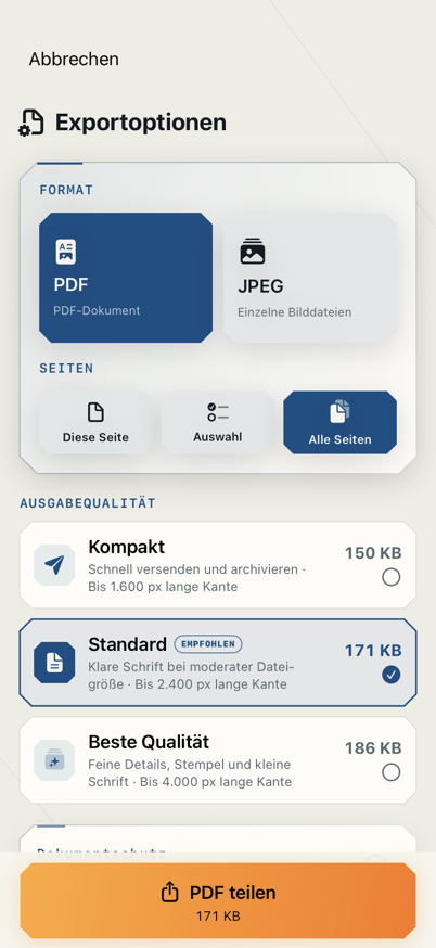Aktuelle Exportansicht mit Format, Seitenwahl und Qualität
