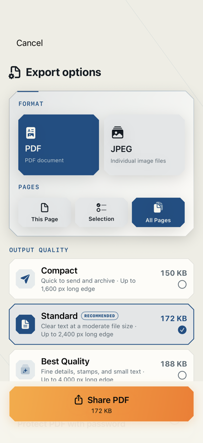 Current export view with format, page selection and quality