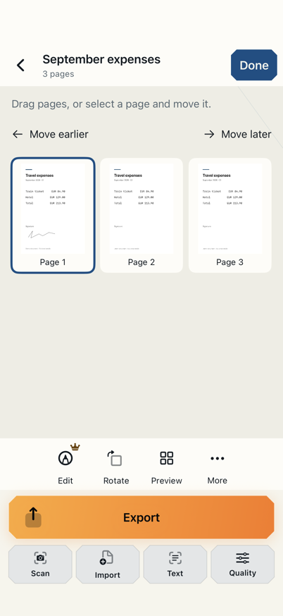 Three example pages in the page overview: drag pages or use Move earlier and Move later