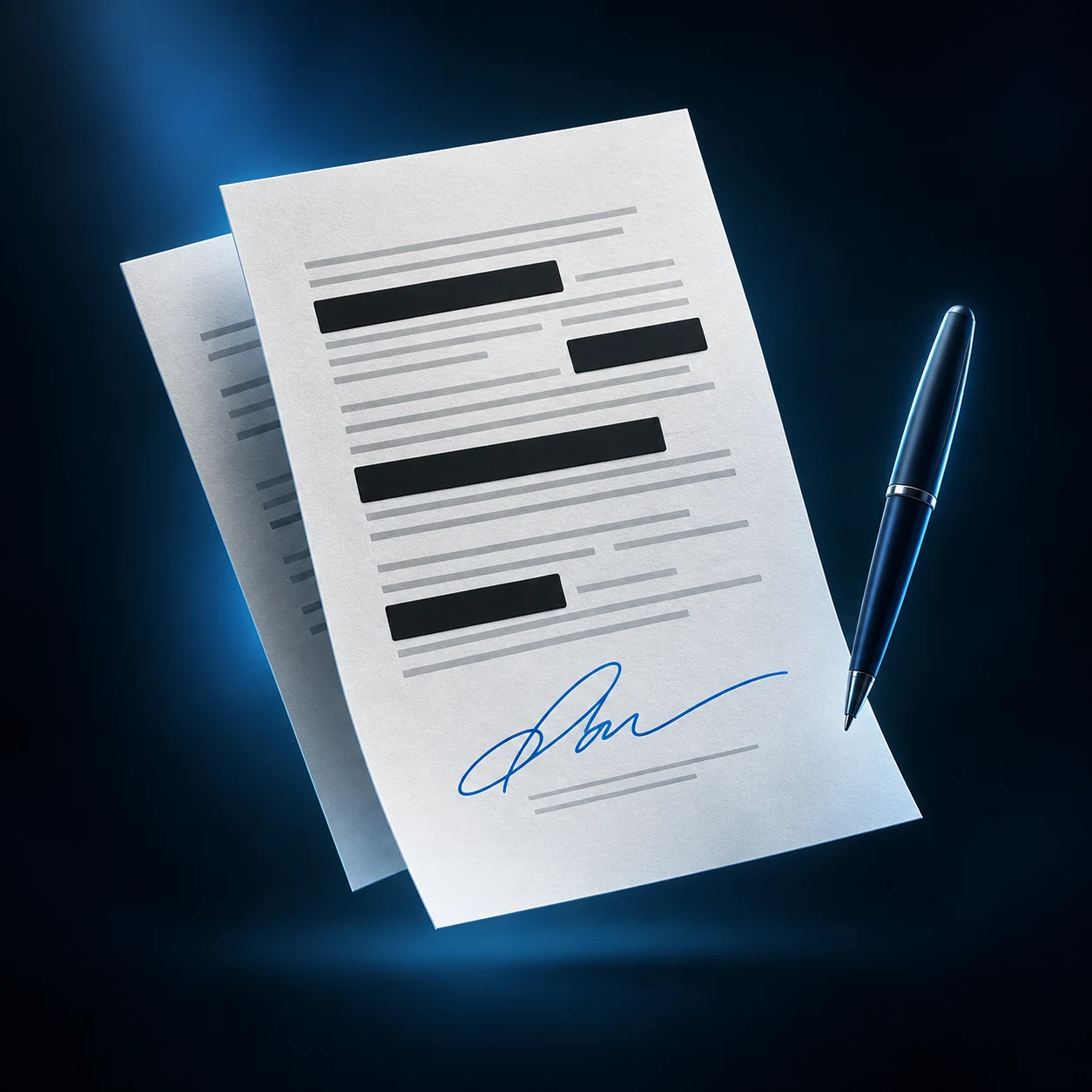 Illustration: ein PDF mit schwarzen Schwärzungsbalken und einer blauen gezeichneten Unterschrift